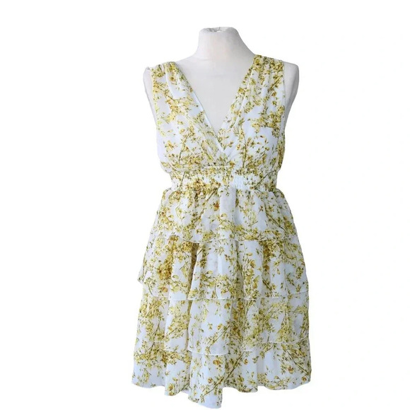 H&M || Multi Tiered Chiffon Flowy Dress Yellow Wildflowers Size 6 Prairie - Picture 1 of 9